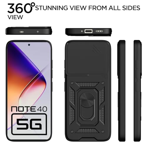 Image of Pikkme Back Cover for Infinix Note 40 5G | 360 Protection Case | Sliding Camera Shield Cover & Ring Holder Stand D10 Tough Armor Bumper Case (Black)