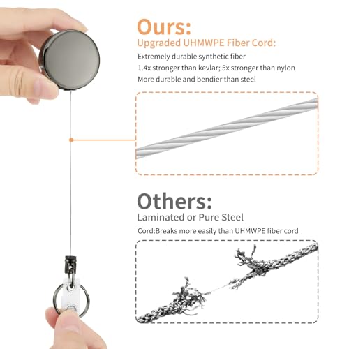 QIUTIMIY 2 PCS Heavy Duty Metal ID Badge Holder,Retractable Badge Clip Key Ring with 60cm Steel Cord,Black - Image 3