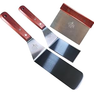 La Cuisine 3-PC SS BBQ Tools Set Spatula Chopper for Grill Teppanyaki Flipping Patties Pancake Fish, 2 pcs SS Spatulas 1 pc Chopper/Scrapper with solid wood handle