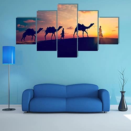 5 Piezas Lienzo Grandes Xxl Murales Pared Hogar Pasillo Decor Arte Pared Abstracto Hd Impresión Foto Desierto De Camellos Con Gente 100 X 50 Cm/Dormitorio/Oficina/Hotel/Restaurante/Foto/Car -5R6A/L0L
