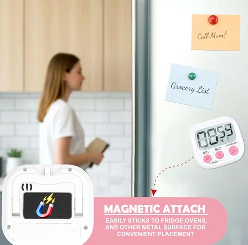 Image of GLUN Digital Kitchen Timer for Cooking, Pack of 1 Big & Clear Digits, Loud Alarm, Magnetic Back, Timer for Baking, Creating Food, White Body & Pink Buttons (Random Color)