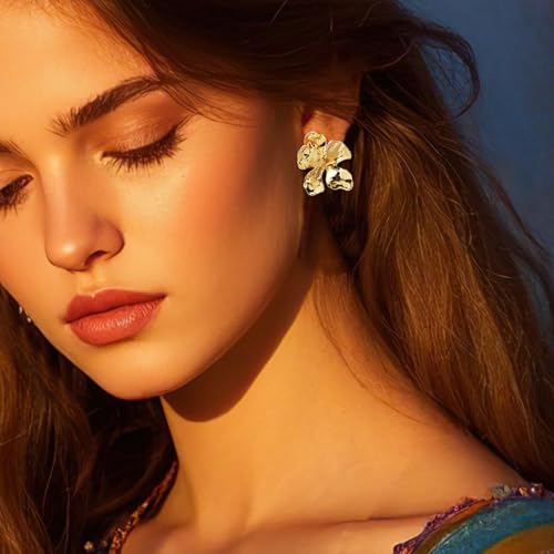 Gold 3D Statement Chunky Flower Earrings, Hypoallergenic 925 Sterling Silver Stud, Summer Spring Fancy Vintage Jewelry for Women4