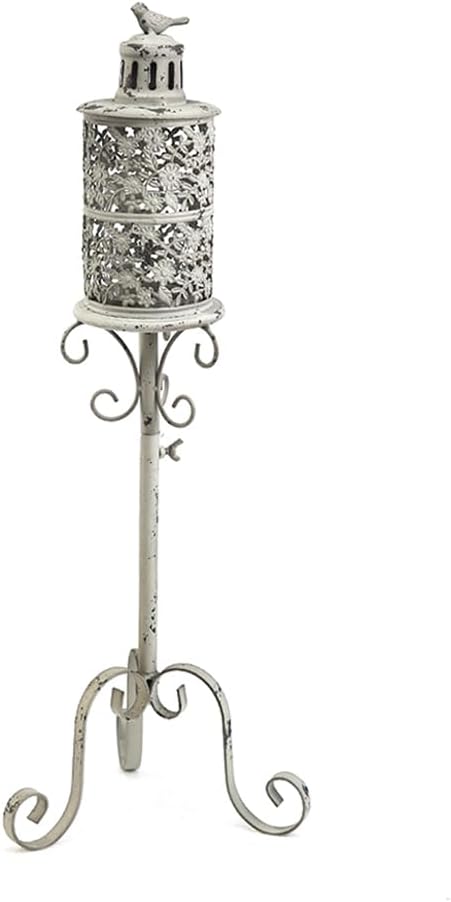27.5" Tall Floor Candelabra Iron Candle Holder Lantern with Bird Decoration and Glass Cup, Distressed Hollow Base Floor Candle Stand for Indoor Outdoor Home