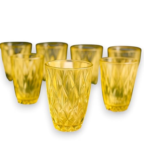 KORAT Set 6 Bicchieri Tumbler in Vetro Rosso Rigato e Diamante 270 ml/255 ML Bicchieri Acqua Cocktail da Tavola Eleganti per Natale, Vetro Colorato Design (Ambra Decoro Diamante - 255 ML - 10x8x8 cm)