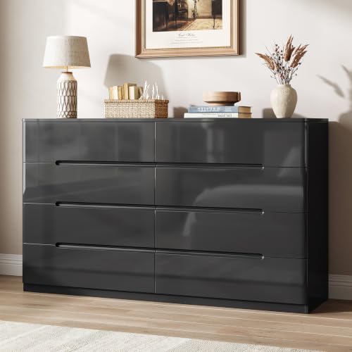 Image of Black Dresser for Bedroom, 47.2 inch Wide 8 Drawer Dresser, Modern High Gloss Dresser Chest of Drawers, Wooden Dressers Organizer for Bedroom, Closet