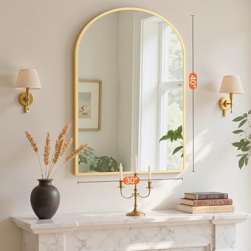 Image of Sweetcrispy 30 inchx40 inch Arched Gold Bathroom Mirrors for Wall, Bathroom Mirrors for Over Sink, Metal Framed with HD Shatter-Proof Glass for Entryway, Living Room, Bedroom, Home Decor