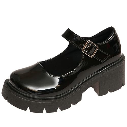 LUXMAX Women Goth Mary Janes Platform Chunky Heel Uniform Shoes Buckle Mid Heel Punk Style Shoes