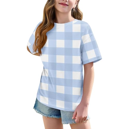 Short Sleeve T Shirts for Girls Trendy Plaid Summer Oversized Tops Casual Crewneck Basic Tees for 5-15 Years4