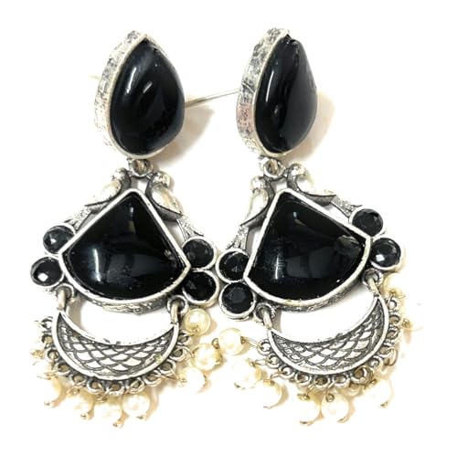 Image of Oxidised Silver Chandbali Earrings with Black Stone and Pearl Drops, Traditional Indian Style
