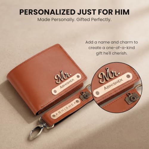 Image of Personalized Name & Charm Leather Wallet & Keychain (Dark Brown) Giftset for Men|Customized Birthday Anniversary Corporate Gift for Man|Gifts for Men|Secret Santa Gifts for Office Staff Tan Brown