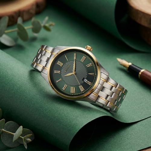 Image of Titan Neo Roman Analog with Green Dial Dual Tone Stainless Steel Strap Watch for Men - 10063BM01
