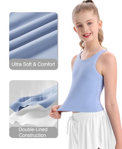 Image of DOCUMO Girls Tank Tops Double Lined Racerback Crop Tops for Kids Sleeveless Workout Tops for Dance, Yoga, Running, Sports