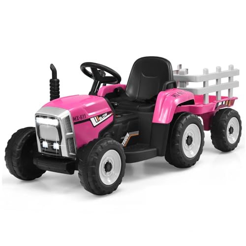 HONEY JOY Ride On Tractor with Trailer, Toddler 3-Gear-Shift Ground Loader, LED Lights, Horn, Music, 12V Battery Powered Electric Toy Tractor with Remote Control (Pink)