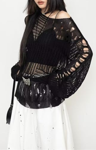 Image of Goth Y2K Striped Sweater Grunge Ripped Punk Gothic Sweaters for Women