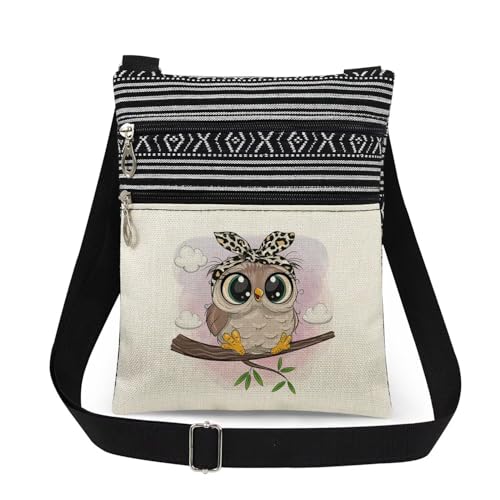 Stylish Owl with Leopard Headband Print Women Crossbody Bag Adjustable Men Shoulder Bag with Zipper Birthday Gift for Nature Lovers Travel Owl Print Purse