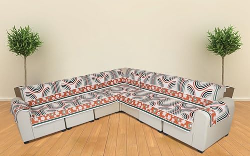 Image of l Shape Sofa Cover 7 Seater | Velvet Quilted Anti-Slip Sofa Cover Protector Covers | Sofa Cover for Living Room | Sofa Slipcovers | 3+2 (L-Shape) Retro Waves (Cream and Orange Curves)
