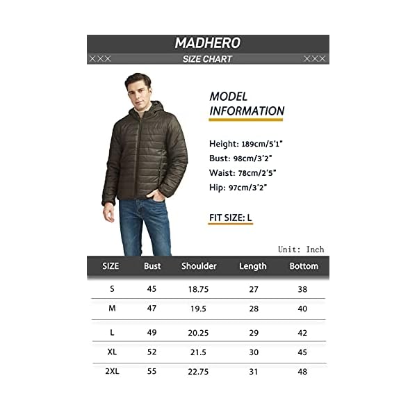 MADHERO Mens Packable Puffer Jacket Lightweight Puffy Outerwear Coat Hooded Black Size XL - Image 6