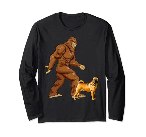 Funny Bigfoot Walking Chinese Shar-Pei Sasquatch Dog Long Sleeve T-Shirt, Black