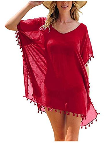 Vestido de playa de malla transparente para mujer, manga corta, con borlas, vestido de playa, bikini, traje de baño, vestido de salida de baño, A-rojo, talla única
