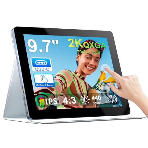 Image of 9.7 inch 2K Portable Monitor Touchscreen, 2048x1536 IPS Display with 10-Point Touch, HDMI & Dual USB-C, CNC Aluminum Body, Built-in Speaker, Protective Case for PC /Phone /Travel /Home Office