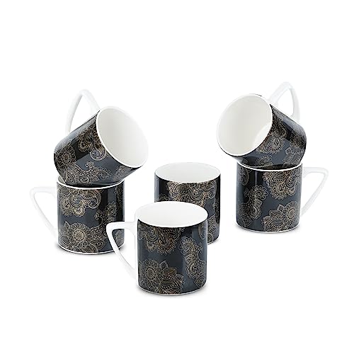 Image of Dandy Lines Puja Gold Alpana on Black, Ceramic Coffee Mug Set, Pack of 6, Microwave & Dishwasher Safe, Great for Home Use & Gifting