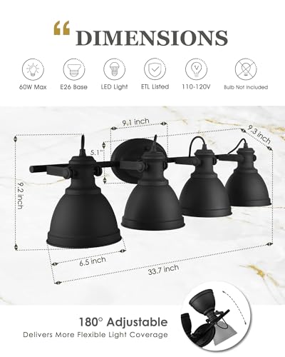 Image of 4-Light Black Bathroom Vanity Light Over Mirror, Metal Shade