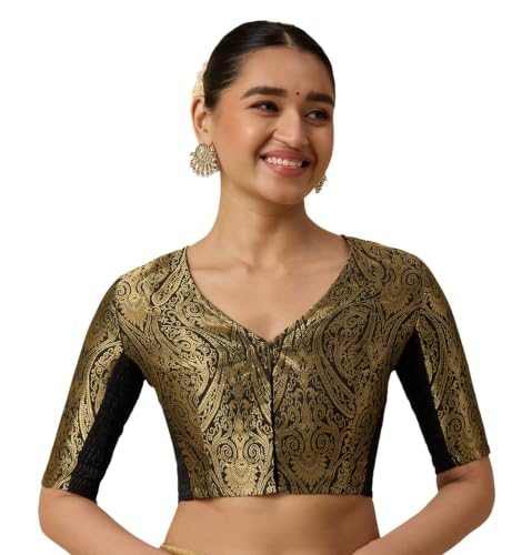 Image of Studio Shringaar Women's Brocade Side Stretch (Smocked) Readymade Saree Blouse