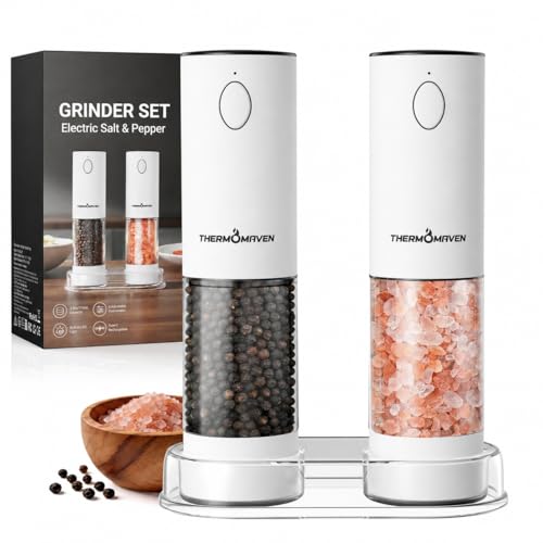 Image of ThermoMaven Electric Salt and Pepper Grinder Set, 110ml Larger Rechargeable Automatic Salt and Pepper Mill Grinder with 6 Adjustable Coarseness, Electric Salt and Pepper Shakers, LED, Snow White
