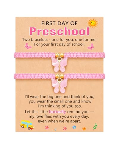 Back to School Mommy and Me Bracelet, First Day of Preschool/Kindergarten Pink Butterfly Bracelet Gifts for Girls