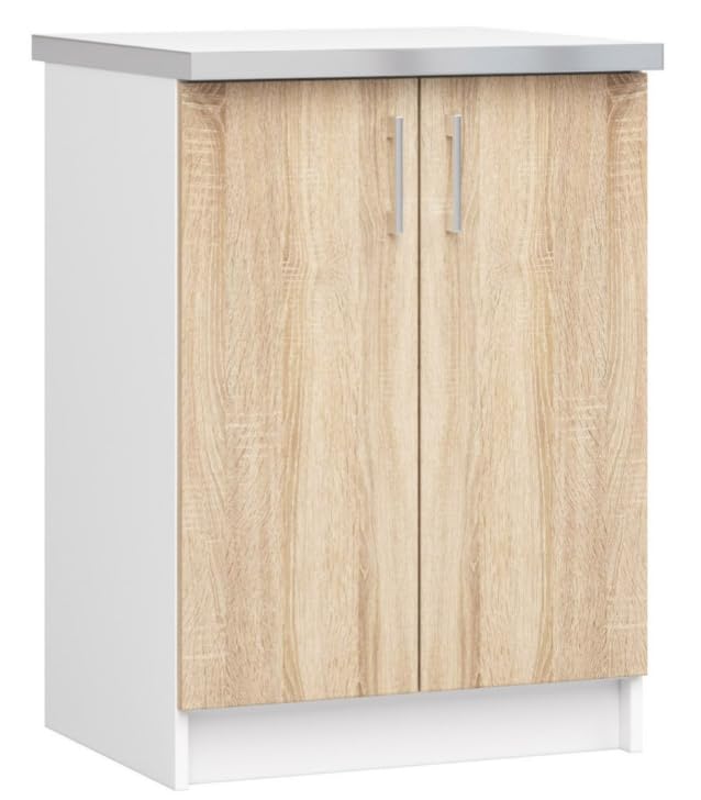 BDW - Küchenschrank Weiß/Sonoma - Schrank Küche mit Türen und Arbeitsplatte - Schrank 60 cm breit, 85 cm hoch - Küchenschränke Einzeln, Küchenmöbel Einzelteile