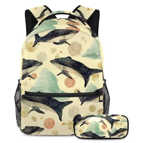 Sac à dos baleine 2 pièces avec trousse pour étudiant et grand cartable scolaire de voyage