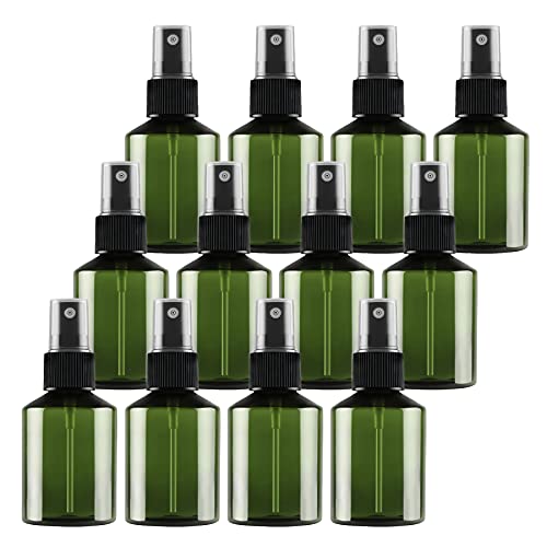 TIANZD 12 Pieces Empty 50 ml Green PET Plastic Fine Mist Pump Spray Bottles with Black Sprayer for Cosmetic Perfume Water Travel Portable Containers Refillable, 2x Funnel