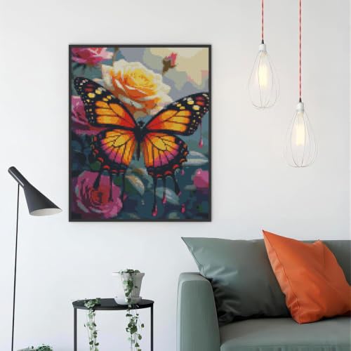 Image of Butterfly & Flower Stamped Cross Stitch Kit, Embroidery 11.8x15.7in | Flowers 11CT Needlepoint Counted Cross Stitch Kits for Beginner, Printed Embroidery Kit Art Craft for Home Wall Decor