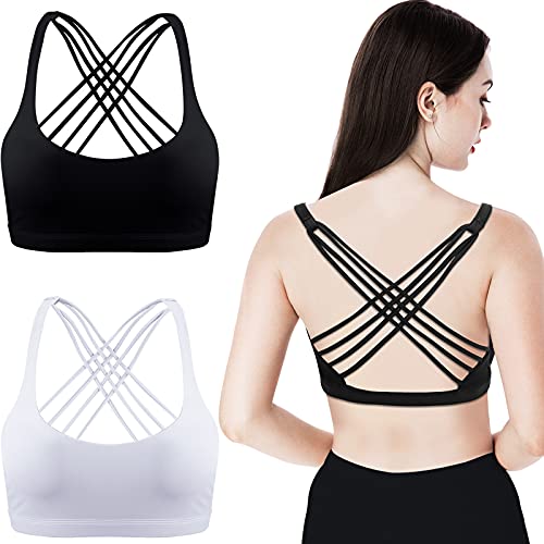 2 Pack Women Padded Sports Bra Cross Back Racerback Bra Workout Strappy Sexy Bra Seamless Comfortable Yoga Bra (Medium) Black and White