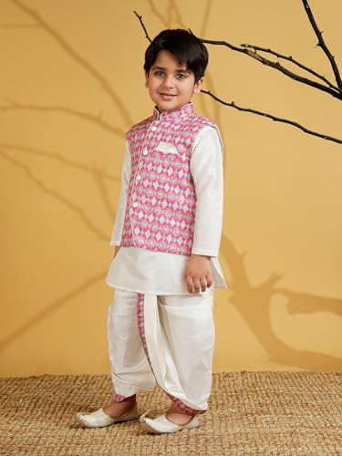 Image of AJ DEZINES Kids Silk Blend Full Sleeve Embroidered Dhoti Kurta Set for Boys - Ethnic wear | Traditional & Festival Wear|Waistcoat for boys - Regular Fit