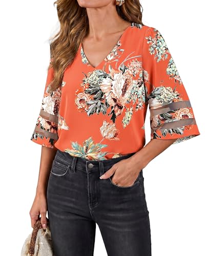 Top12 Best Lightweight Summer Tops with Sleeves for Women over 50: 18 LookbookStore Floral Tops for Women V Neck Floral Print Tops for Women Boho Floral Blouse 3/4 Bell Sleeve Loose Summer Top Trendy Going Out Tops Salmon Size Medium