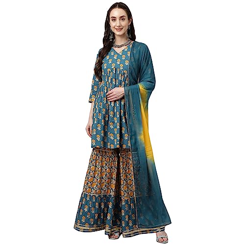 Image of FIORRA Women's Mor Peach Pure Cotton Flared Kurta with Sharara and Dupatta