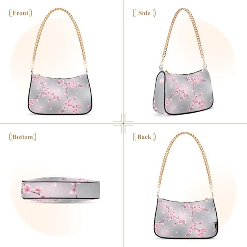 Pink Floral Cherry Blossom Flowers Tote Handbags Womens Ladies Shoulder Bag Floral Evening Clutch Purse Zipper Closure Chain Strap 6