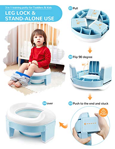 Potty Training Seat for Toddler Kids, 3-1 Portable Collapsible Toilet Seat with Storage Bag, Anti-Slip Design and Splash Guard, Potty Chair for Travel Home Car Camping Use (Blue)