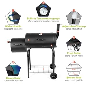 Hasteel charcoal grill with offset smoker outdoor barrel bbq grill camping barbecue grill for patio backyard garden party picnic large 420sqin cooking area 2 screwdrivers 6 hooks black  urban country home decor