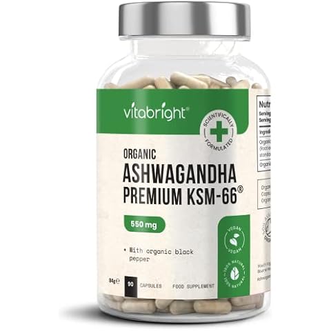 Organic Ashwagandha KSM-66 Capsules - 550mg (Highly Concentrated 10:1 Extract Ratio Equivalent to 5500mg) - with 5% Withanolides - 90 Vegan Capsules - Natural Ayurveda - Made in UK by VitaBright Cover