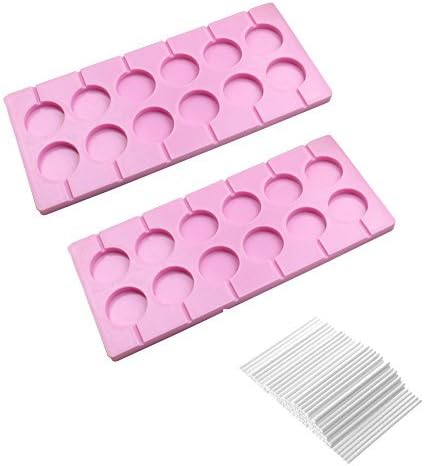 Bettli 2x12-Capacity Round Chocolate Hard Candy Silicone Lollipop Molds with 140 count Lollypop Sucker Sticks for Halloween Christmas Parties