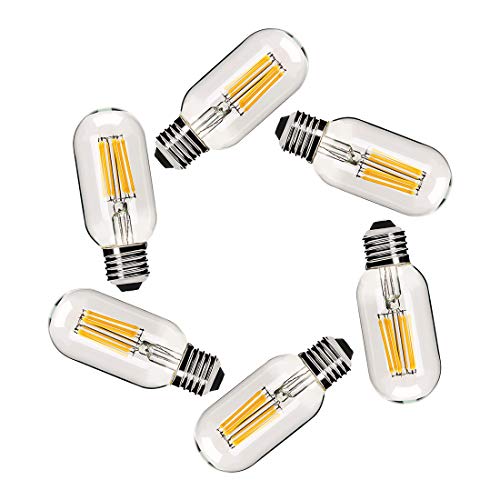 Dimmable Vintage Edison Tubular Bulb T45/T14, 6 Watt LED Light Bulb,E26 Medium Base 4000K Daylight White Filament Lamp 60 Watt Bulb Equivalent,600Lm,Pack of 6