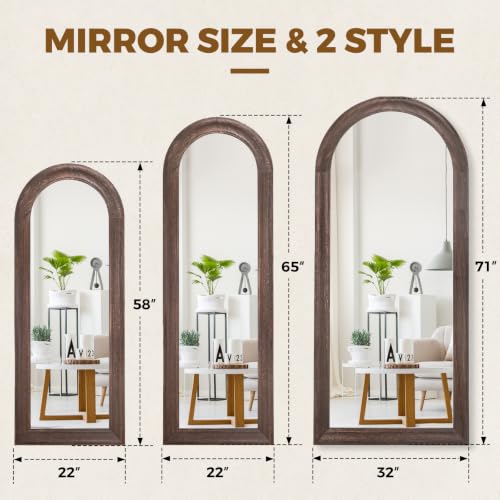 Image of 58x22 Solid Wood Arched Full Length Mirror, Elegant Brown Finish