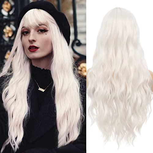 Baruisi Long Curly Wavy White Wigs With Bangs Natural Synthetic Heat Resistant Daily Cosplay Hair Wig for Women,White