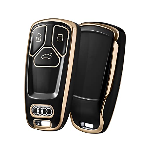 Funda para llave de coche compatible con Audi A4L A6L A8 Q5 Q7 TTS TT,Seat 3 teclas Funda para llave TPU (borde dorado negro) Cover