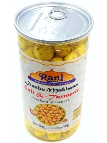 Image of Rani Jumbo Phool Makhana (Fox Nut /Popped Lotus Seed) Salt & Turmeric Flavor 2.29oz (65g) Vacuum Sealed, Easy Open Top, Resealable Container ~ Indian Tasty Treats | Vegan | NON-GMO | Indian Origin