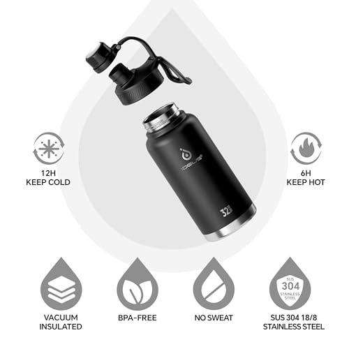 Image of IDEUS Vacuum Insulated Water Bottle, Stainless Steel Double Wall Flask Metal Sports Canteen with Leak-Proof Screw Cap (Black, 32oz (950ml))