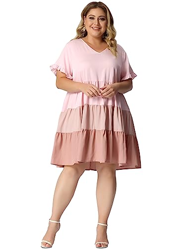 Image of Agnes Orinda Women's Plus Size Babydoll Ruffle Short Sleeve Casual Loose Flowy Swing Hem Chambray V Neck Mini Dress