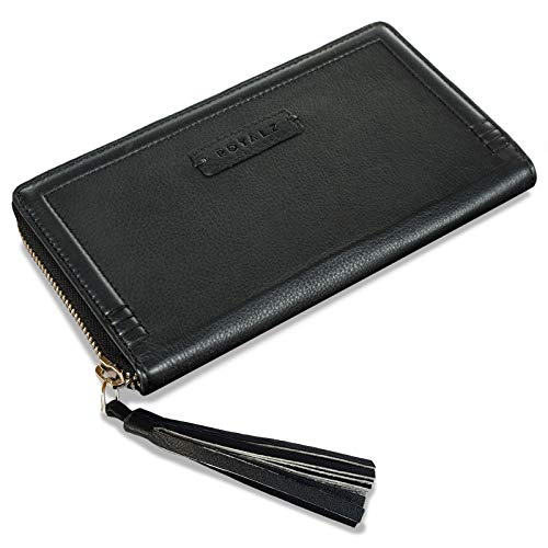 ROYALZ 'Iris' Vintage Geldbeutel Damen Groß Leder Portemonnaie 12 Kartenfächer RFID Blocker Echtleder XXL Brieftasche Portmonee lang flach Geldbörse viele Fächer, Farbe:Schwarz